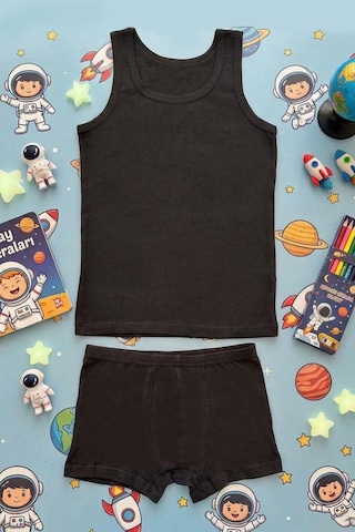 Erkek Çocuk Düz Pamuklu Atlet Boxer Çamaşır Takımı Siyah