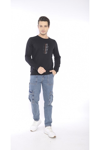 Escetic Erkek Spor Slimfit, Bisiklet Yaka Siyah Sweatshirt-4271 Siyah
