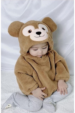 Aden Kids Kapüşonlu Bebek Peluş Çıtçıtlı Body Kahverengi