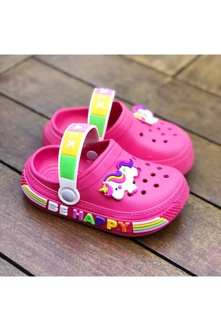 Kız Çocuk Unicorn Figürlü Kaydırmaz Taban Terlik Sandalet Fuşya