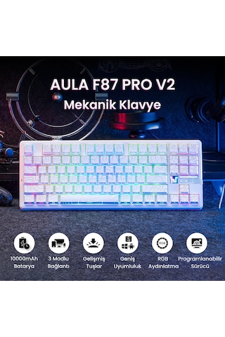 Aula F87 Pro V2 Mekanik Rgb Tkl Star Vector Switch Kablosuz Makrolu Hot Swap Klavye Desenli Beyaz