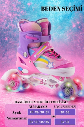 Yıldız Gökkuşağı Işıklı Kız Çocuk Pateni Silikon Teker Ayarlanabilir Paten Taşıma Çantalı Pembe Lila Pembe