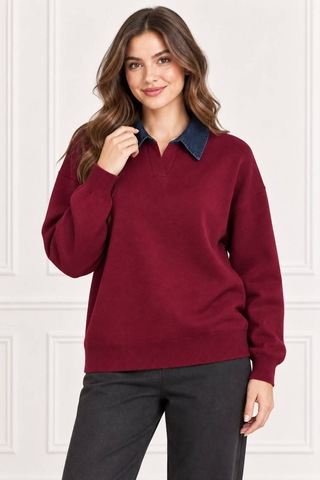 Hıra Co. Kadın Kot Gömlek Yakalı Uzun Kollu Oversize Triko Kazak Bordo Bordo