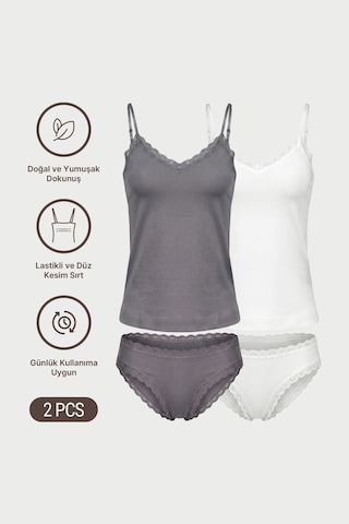Auw Kadın Ayarlı Askılı Dantelli V Yaka Atlet Ve Slip Külot Takım 2'li - Lace&love Gri,ekru