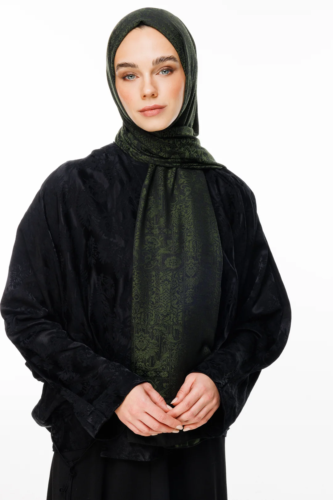 Mooncorn Henna Desen Çift Taraflı Şal Petrol Mavisi-bej Siyah - Haki