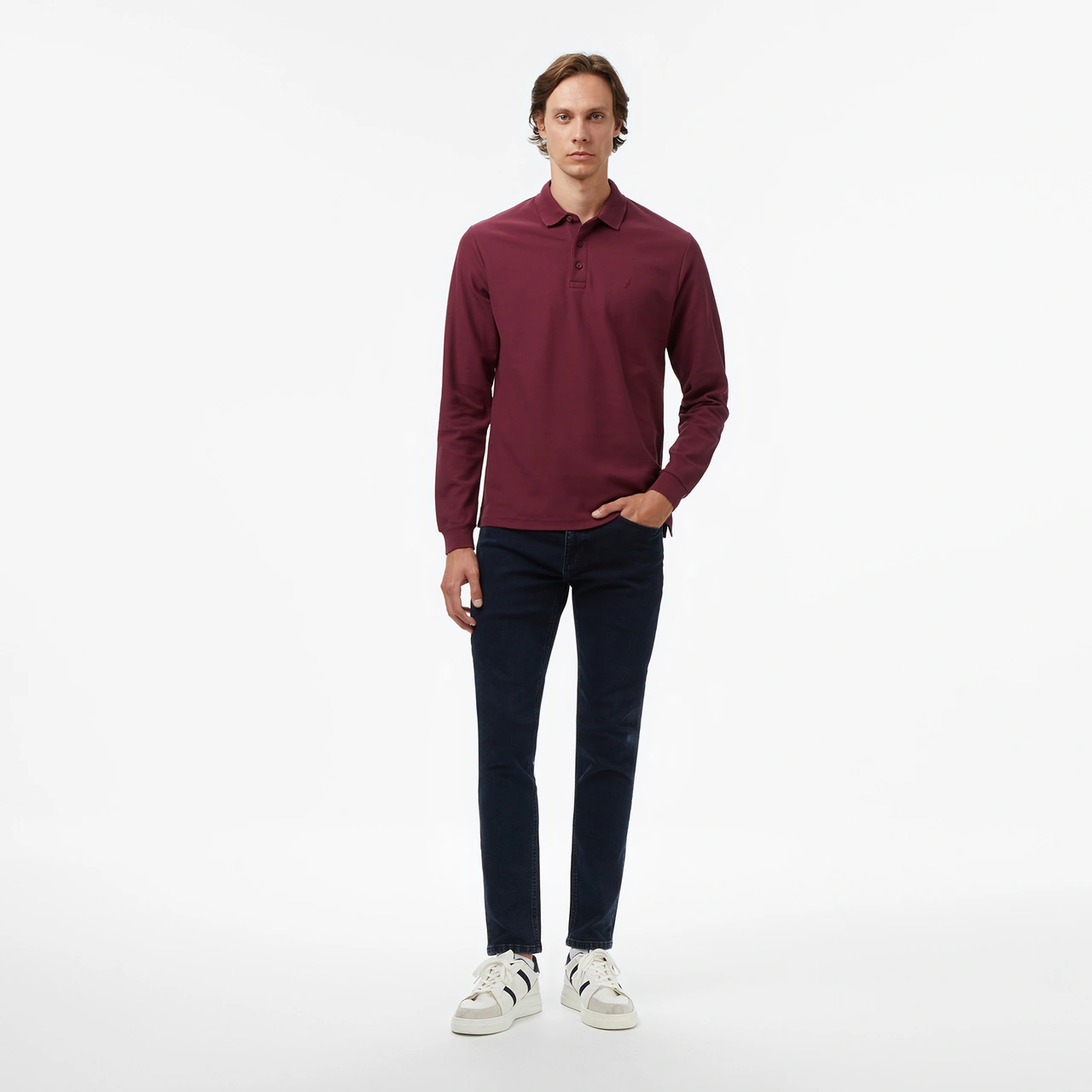 Nautica Erkek Bordo Classic Fit Uzun Kollu Polo Yaka T-shirt Düz K57351t Bordo