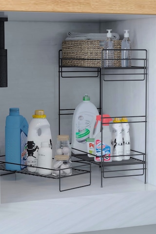 3 Katlı Evye Tezgah Altı Raf Banyo Mutfak Dolabı Çok Amaçlı Düzenleyici Deterjanlık Organizer 20x40 Siyah
