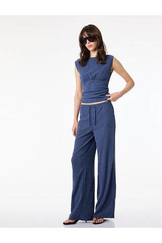 Koton Büzgülü Kayık Yaka Slim Fit Bürümcük Kolsuz Bluz Mavi 6sal30170ık