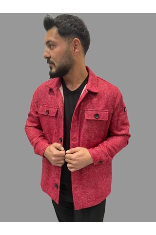 Erkek Cep Detaylı Kışlık Kırmızı Kaşe Gömlek Kırmızı