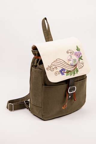 Fabric Craft Bag Sırt Çantası Kadın Nakış İşlemeli Kanvas Astarlı Haki 30x38 Cm