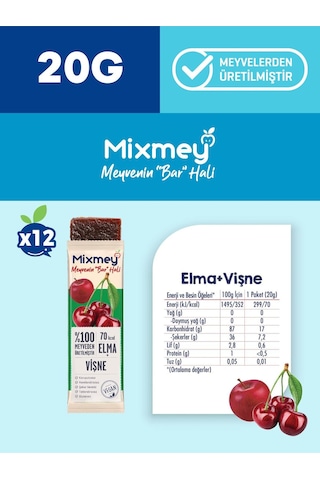 Mixmey Vişne Meyve Barı 12 Adet | Atıştırmalıklar – Vegan, Glutensiz, Koruyucusuz (20GR X 12 ADET)