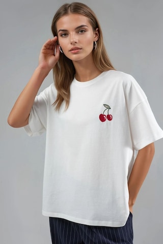 Hiccup Oversize Nakışlı Örme T-shirt Tozlu Beyaz