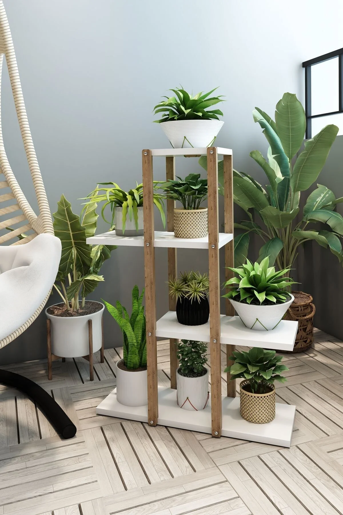 Beyaz 4 Katlı Ahşap Çiçeklik, Saksılık, Çiçek Standı, Dekoratif Raf - Çok Amaçlı Kullanım Beyaz