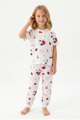 Bunny Hopp Kız Çocuk Pijama Takımı %100 Pamuk Kısa Kollu Yazlık Süprem Penye Beyaz