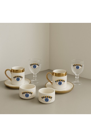 2 Kişilik Porselen Nazar Göz Platin Yaldız Fincan Takımı Seti Ve 2 Porselen Lokumluk Ve 2 Cam Bardak Altın - Beyaz