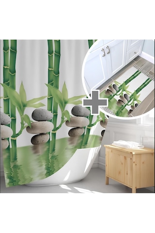 Banyo Paspas Ve Tek Kanat Duş Perdesi 1x180x200 Set Banyo Halısı 10056 Yeşil