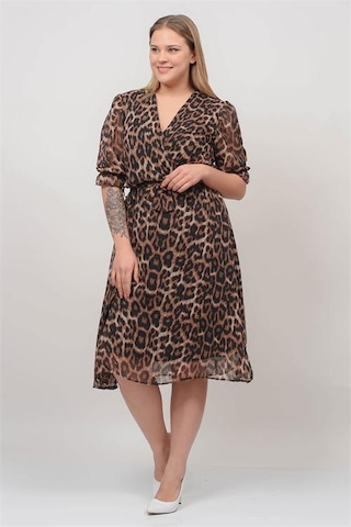Neşeli Butik Kadın Kruvaze Yaka Midi Boy Büyük Beden Leopar Desenli Şifon Elbise Nb80622 Siyah