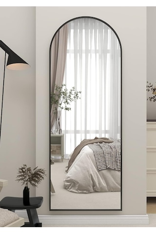 Zer 160x55 Kemerli Zemin Aynası,tam Boy Aynalı Duvar Aynası, Yatak Odası, Giyinme Odası İçin Standlı Siyah