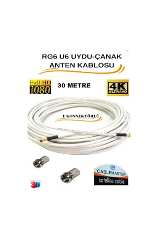 30 Metre Uydu Çanak Anten Kablosu Cm-101 48 Tel Rg6 U4 Bakır Alışımlı 2 Adet Connektör Dahil