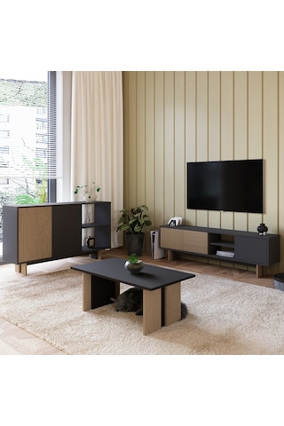 İnarch Dizayn Ravello Oturma Odası Set Modern Konsol, Tv Sehpası Ve Orta Sehpa Üçlü Takım Antrasit