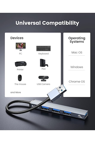 Orico AH-A13-GY USB-A to USB 3.0 Alüminyum Alaşım 4 Portlu Çoklayıcı HUB