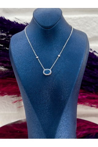 925 Ayar Gümüş Aquamarin Taşlı Özel Tasarım Zarif Kadın Kolye Gümüş