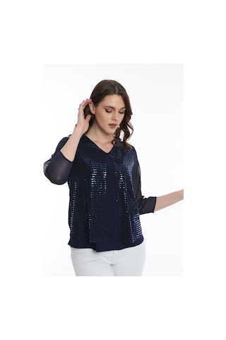 Ella Camelia Kadın Kolları Tül Detaylı Bluz 19E040 Lacivert