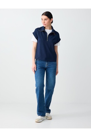 Jimmy Key Jimmy Key Lacivert Fermuarlı Balıkçı Yaka Kolsuz Örme Sweatshirt 6sw235710494