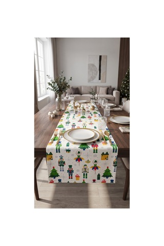 Duck Kumaş Runner 40x150 Cm Yılbaşı Kurşun Asker, Çam Ağacı Ve Hediye Desenli, Su İtici Leke Tutmaz Dekoratif Masa Şeridi Beyaz - 935297500 Beyaz