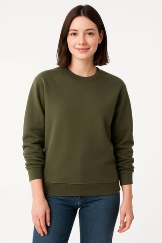 Valensdesign Üç İplik Düz Bisiklet Yaka Sweatshirt - Haki
