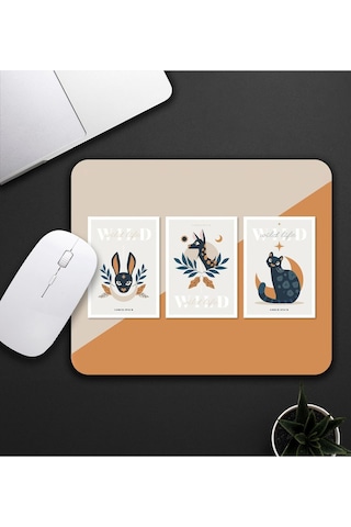 Baskılı Kupa & Bej Ve Turuncu Renk Geyik Ve Kedi Motifli Mouse Pad 23x19cm Fare Altlığı Kaydırmaz Ta Mousepad