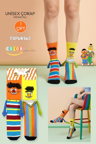 1 Çift Edi İle Büdü Desenli Tüylü Unisex Çorap Topuksuz Mıknatıslı El Ele Tutuşan Çok Renkli