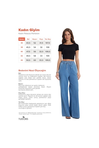 Tudors Kadın Relax Fit Rahat Kesim %100 Pamuk Beli Bağcıklı Lastikli Denim Efektli Açık Mavi Palazzo Pantolon-50830