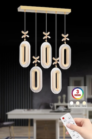 İstanbul Avize Led Alfa 5'li Sıralı Gold 3 Renk Ledli Kumandalı Yemek Masası Mod