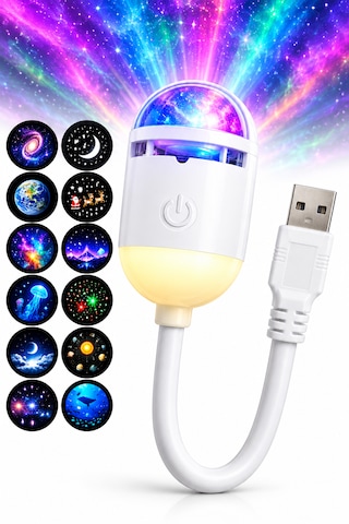 12 Lensli Usb Galaksi Projeksiyon Gece Lambası Yıldızlı Gökyüzü Ortam Aydınlatması Esnek Boyunlu Beyaz
