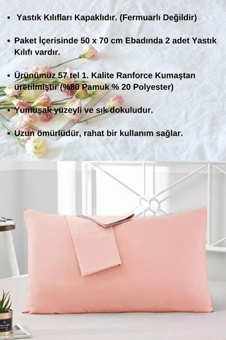 Pudra Renkli Pamuklu Ranforce Kumaştan Yastık Kılıfı 2 Adet