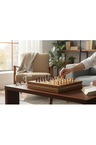 El Yapımı Lüks Nakış İşlemeli Doğal Ahşap Sandıklı Premium Satranç Takımı 45x45 Cm. Hediyelik Set 1