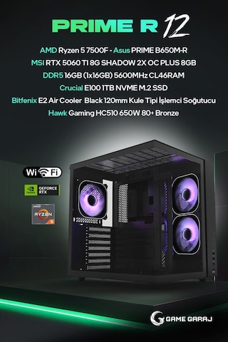 Game Garaj PRIME-R12 R5-7500F 8 GB RTX5060Ti 16 GB 1 TB SSD Free Dos Oem Paket Masaüstü Oyuncu Bilgisayarı