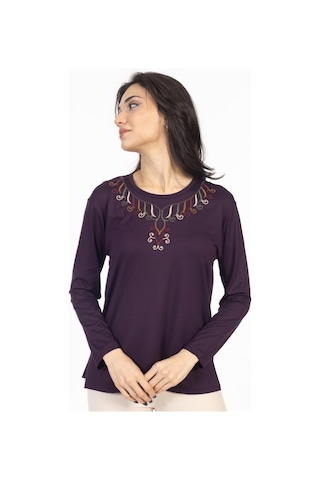 Yeni Model 2024 Nakış İşlemeli Yuvarlak Yaka Likralı Anne Penye Bluz 6450-mürdüm