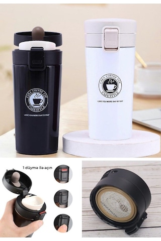 12 Saate Kadar Sıcak Soğuk Tutma Filtreli Çift Katmanlı 2 Adet Siyah Beyaz İnox Mug Termos 380ml Gri - Siyah