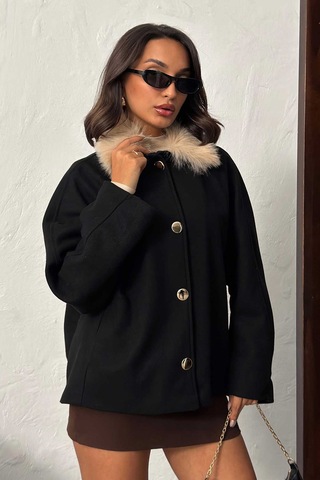 Verymoda Peluş Yakalı Dügmeli Kaşe Mont F2048 Siyah