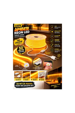 50 Metre Amber 220v Neon Led Şerit ,tak Çalıştır Set, Fişli Anahtarlı Esnek Şerit Led, ,turuncu Led,mutfak,tezgah Ledi,led Şerit Işık ,ambiyans Işık Havuzu, Kendinden Yapışkanlı,kehribar Led