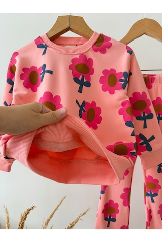 Magu Kız Çocuk Pamuklu Çiçek Desenli Pembe Sweatshirt Ve Tayt Takımı Çok Renkli