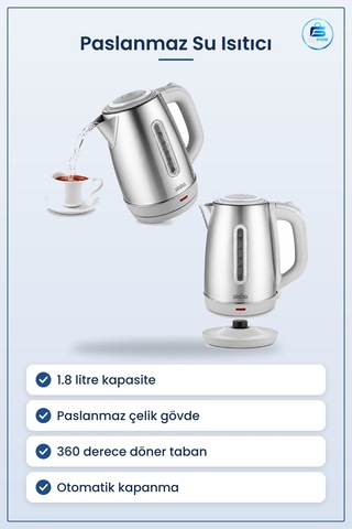 Kablosuz Su Isıtıcı Paslanmaz Çelik 1.8l Kettle Döner Taban Oto