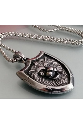 Paslanmaz Çelik Kabaratma Desen Aslan Kolye / 70 Cm Zincirli Gümüş