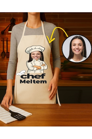 Kişiye Özel Karikatür Fotoğraflı Ve İsimli Mutfak Önlüğü Chef Tasarımlı 2 Krem