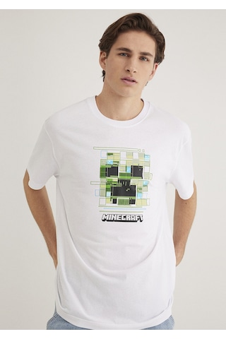 Mavi - Minecraft Baskılı Beyaz Tişört 0612734-620 Beyaz