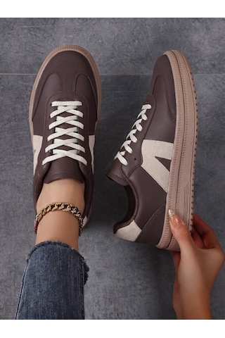 Kadın Sneaker Yüksek Taban Ortopedik Bağcıklı Spor Ayakkabı Retro Kahve-011 Beyaz