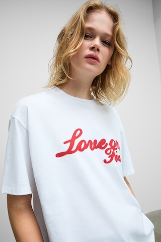 Grımelange LUSUTA Kadın Yumuşak Ve Esnek Kumaşlı Baskı Detaylı Bisiklet Yakalı Beyaz T-Shirt