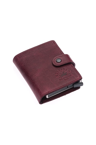 Westpolo Bozuk Para Ve Bol Kart Bölmeli Unisex Eskitme Hakiki Deri Mekanizmalı Kartlık - Bordo Bordo